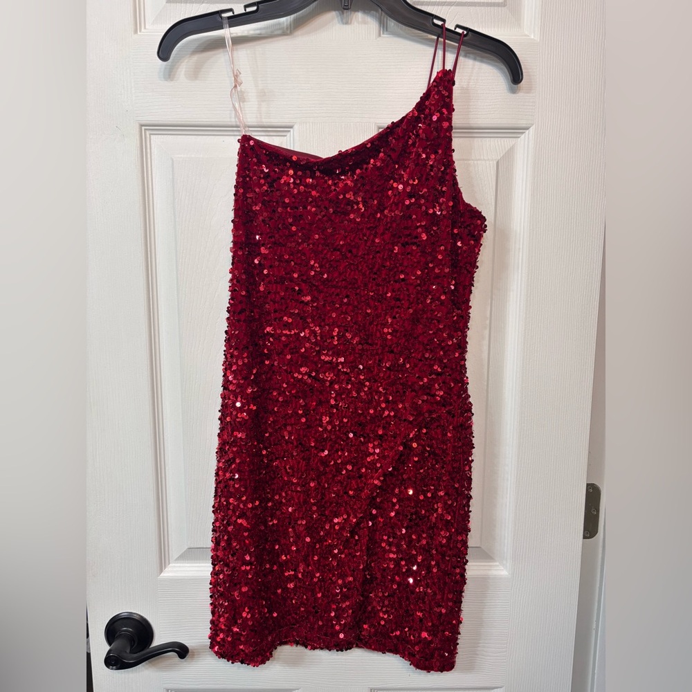 Red Sequin One-Shoulder Dress